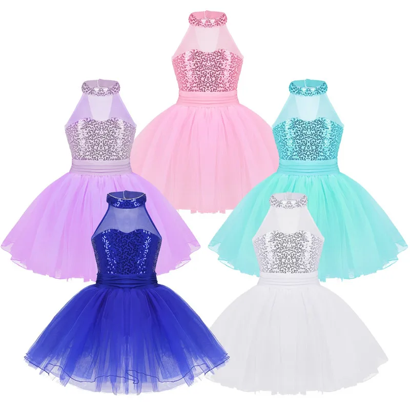 Kids Girls Mock Neck Ballet Dance Dress Gymnastic Leotard Shiny Sequins Sleeveless Mesh Splice Ballet Leotard Flower Girls Dress