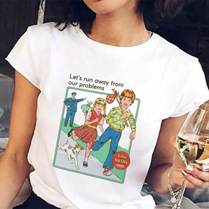 

Korean Style Fashion Tops Vintage 80s 90s Female T-shirt Lets Run Away From Our Problems Printed Funny Tees Harajuku Streetwear