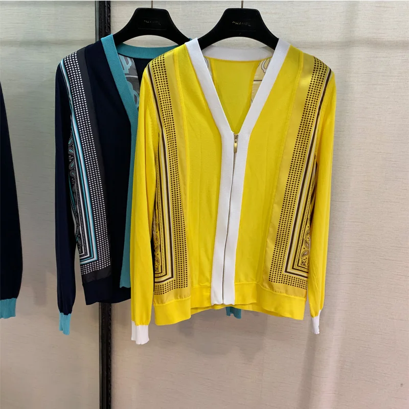 

Silk spliced cardigan jacket new casual air conditioning shirt in summer of 2019