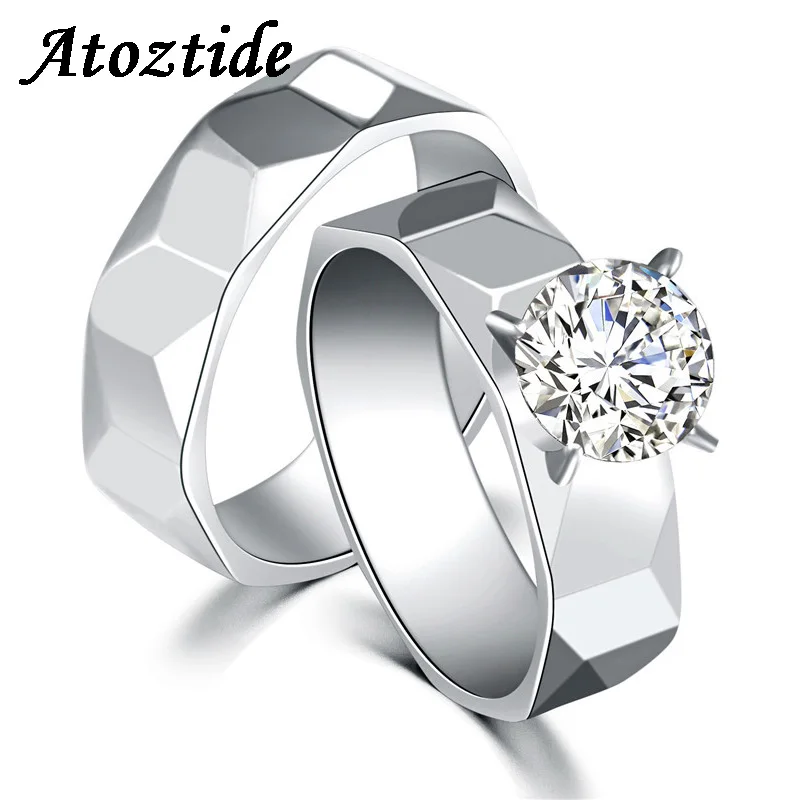 

Atoztide 2pc High Quality 6mm Cubic Zirconia Couple Rings Polished Silver Color 3D Wedding Band Love Finger Rings For Women Men