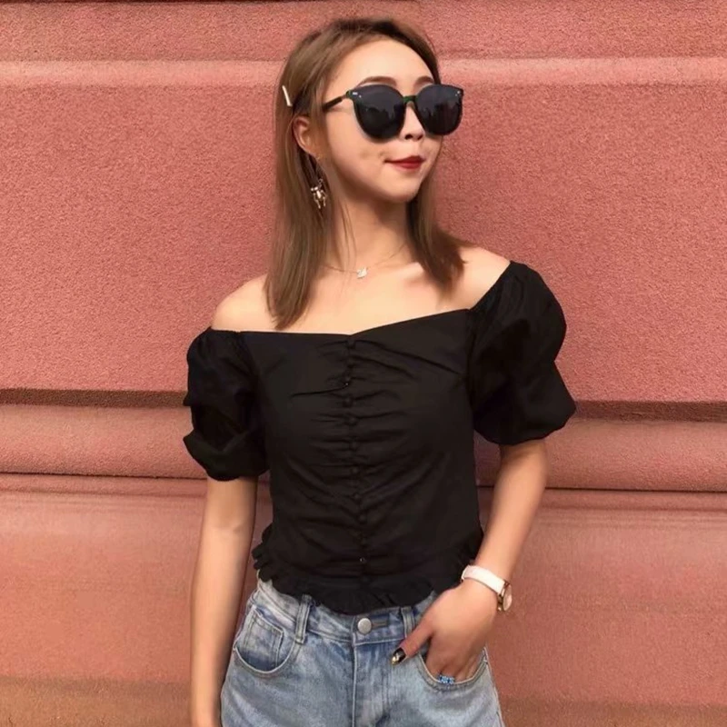 Винтажная блузка kawaii с оборками черно белая женская квадратным вырезом и пышными