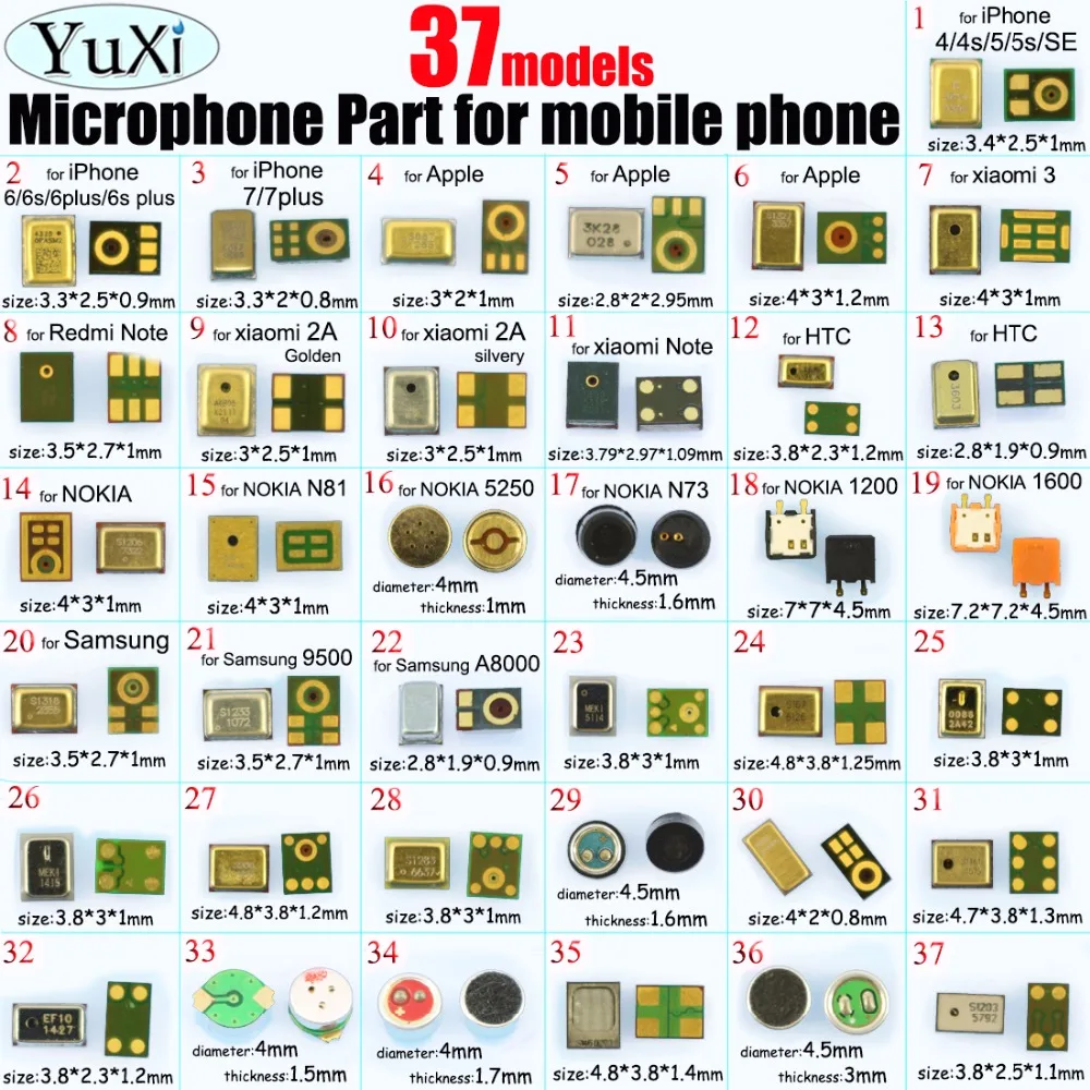 

YuXi 37 Models 74PCS New Microphone Mic Inner Receiver Repair Part For Samsung for Nokia for iPhone 4 4S 5 5G 5S 5C SE 6 6G 6S 7
