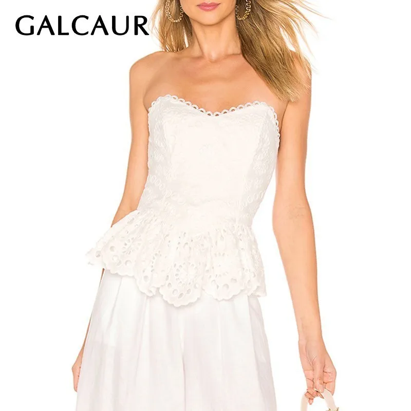 

GALCAUR Casual Lace Patchwork Women Blouse Sleeveless Off Shoulder Tunic Irregular Print Shirt Female Fashion 2019 Summer New