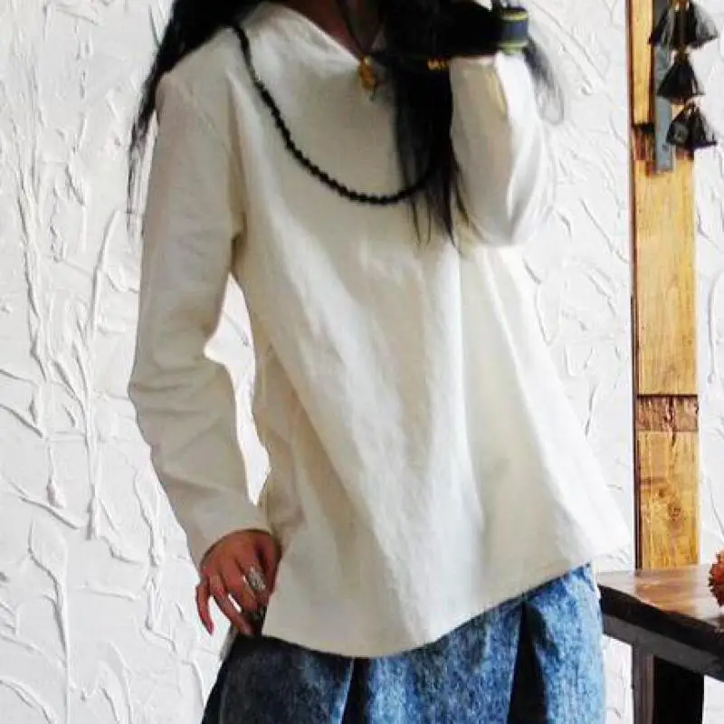 

2017 Winter Original Casual T Shirt Women Loose Vintage Style Irregular Hem Cotton Linen V-neck Pure Color Tops Harajuku T-shirt