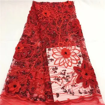 

Hot Sale french lace 5yards/lot cheap african sequins beads 3d lace fabric white high quality african tulle lace fabric red