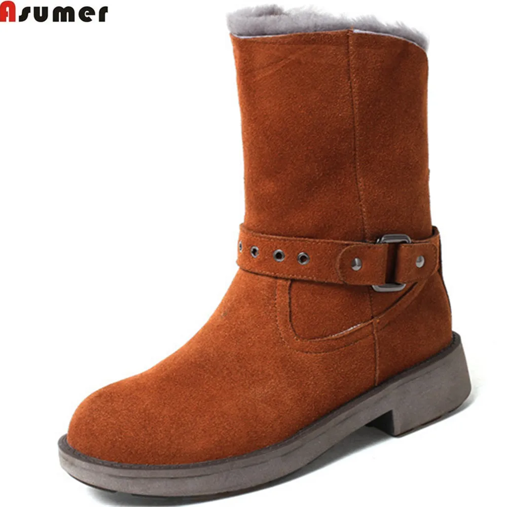 

Asumer black brown fashion women boots round toe slip on ladies cow suede snow boots square heel keep warm leather ankle boots