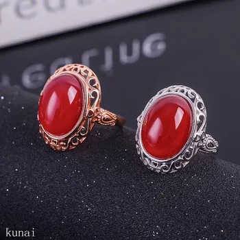 

KJJEAXCMY fine jewelry 925 Silver inlaid with natural red jade medulla ring with two colors to choose from.