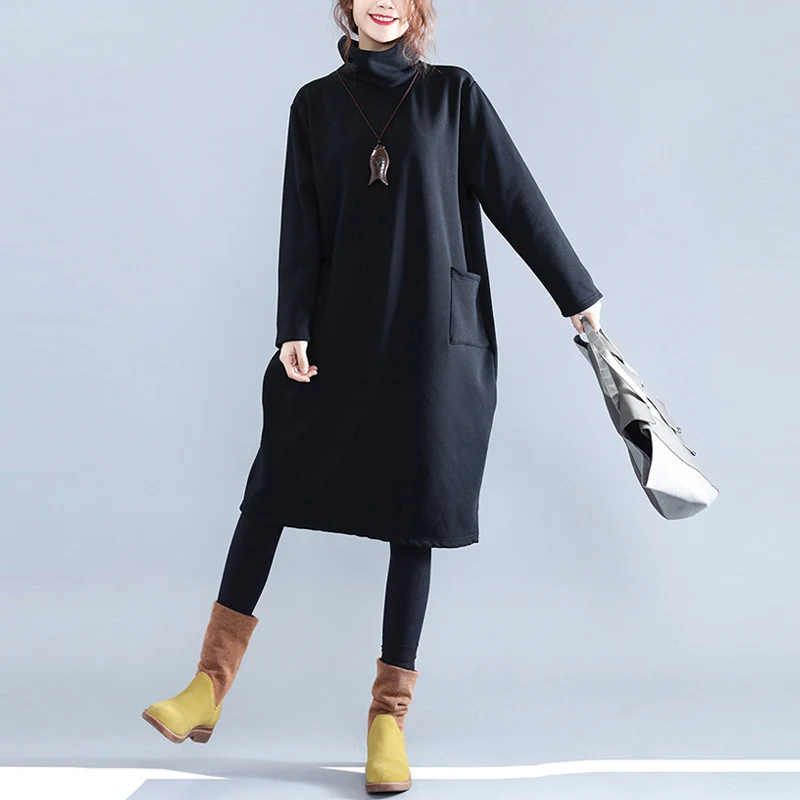 Plus Size Women Hoodies& Sweatshirts Winter Thickening Warm Cotton Fashion Female Big Size Casual Turtleneck Black Dress - Цвет: Черный