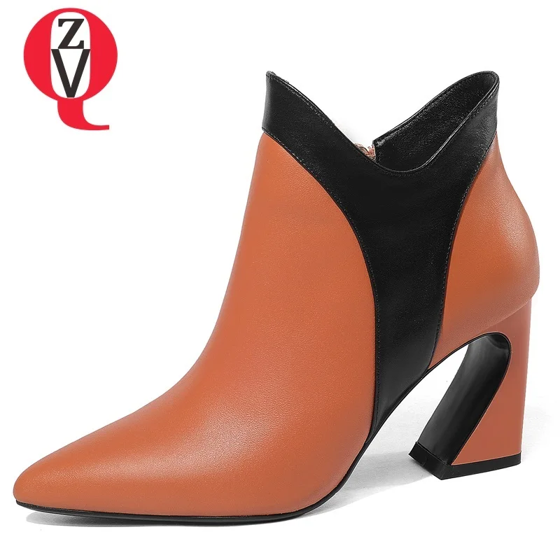 

ZVQ newest high quality popular mixed colors genuine leather super high strange style zipper pointed toe winter sexy ankle boots