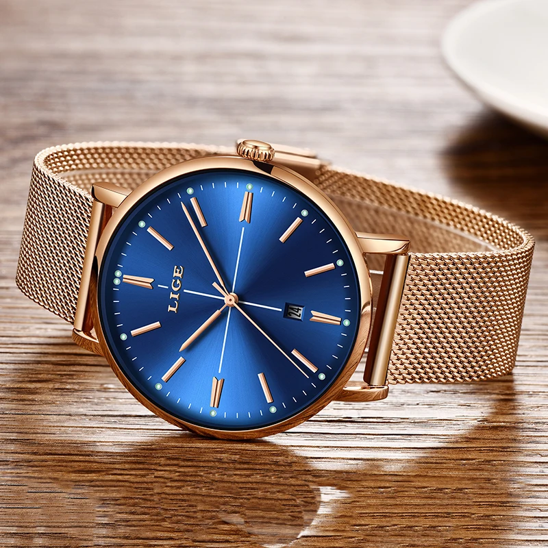  2019 LIGE New Rose Gold Blue Table Womens Business Quartz Watch Ladies Brand Top Luxury Ladies Watc