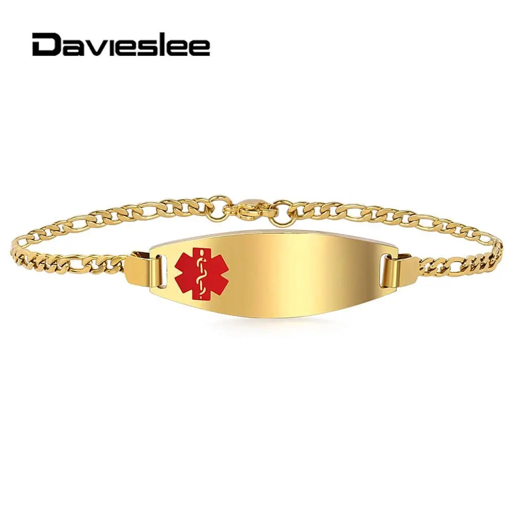 Женские браслеты Davieslee, 3 мм, нержавеющая сталь, золотой цвет, медицинский уход, оповещение, ID браслеты для женщин, Новое поступление, LKB639