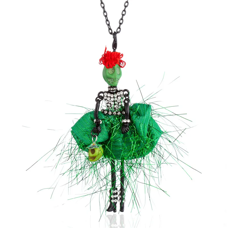 

Rhinestone Skull Head Dress Doll Pendant Big Choker Necklace Black Long Chain Sweater Collares For Women Halloween Party Jewelry