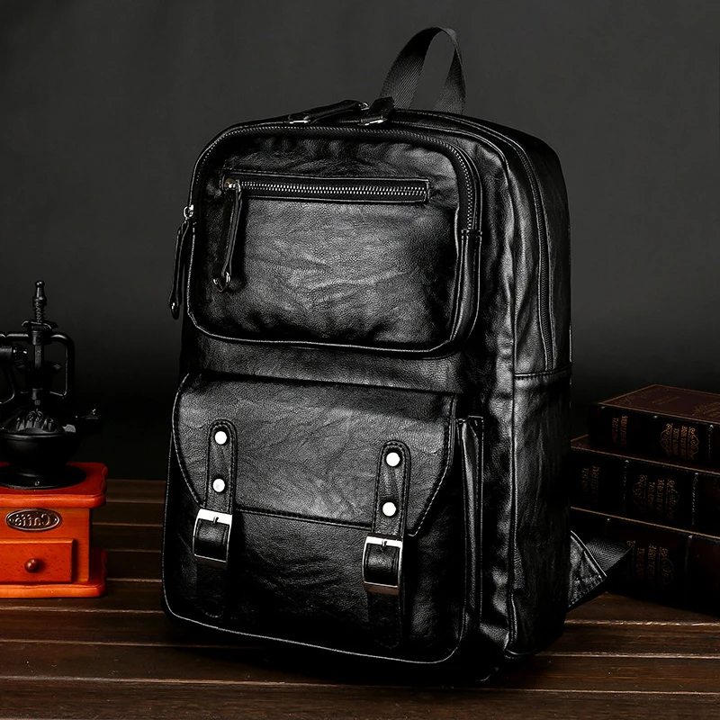 

Black Men's PU Leather Backpack 15 inch Laptop MaleSchool Bag Men Daypacks Korea Style Casual Travel Business Bag