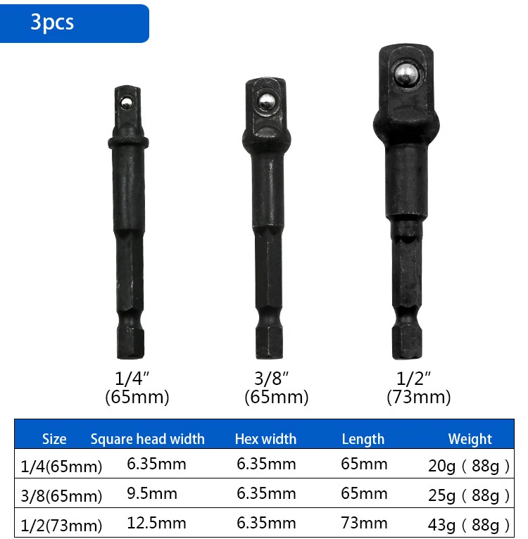 3 шт./компл. 1/" 3/8" 1/" шестигранный Мощность дрель торцевой гаечный ключ адаптер удлинитель сверла бар для шестигранных бит комплект для электрического Мощность инструменты - Цвет: 3pcs 65-73mm