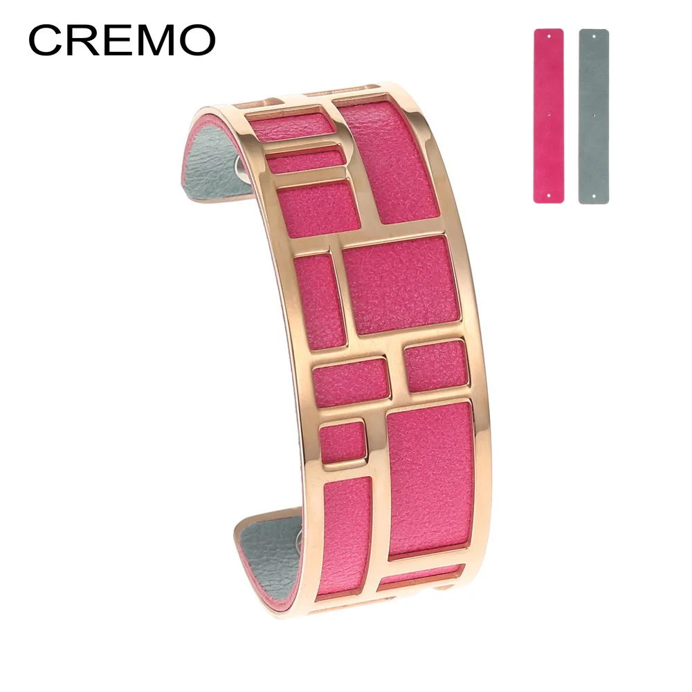 

Cremo Geometric Hollow Out Rose Gold Bangles For Women Bijoux stainless steel Bracelets manchette interchangeable Leather Bangle