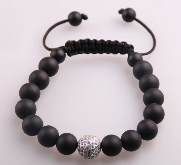 

Hot Sale Men Bracelet 10mm Black Stone Beads & 12mm CZ Charm Bracelet For Women Men Fashion Gift Adjust Size
