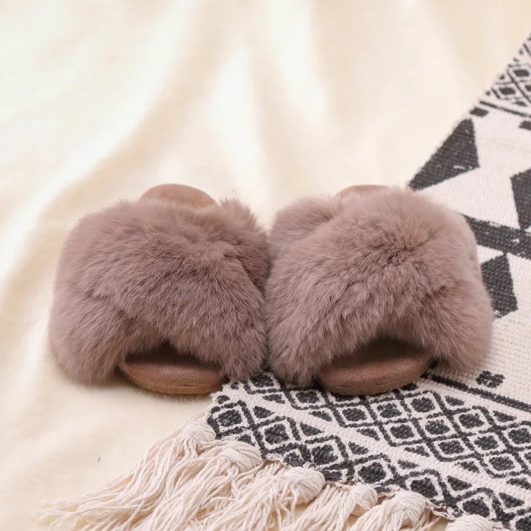 New Spring Plush Slippers Girls Slippers Real Rabbit Fur Shoes Open Toe Slippers All-match Childrens Shoes Summer Home Slippers