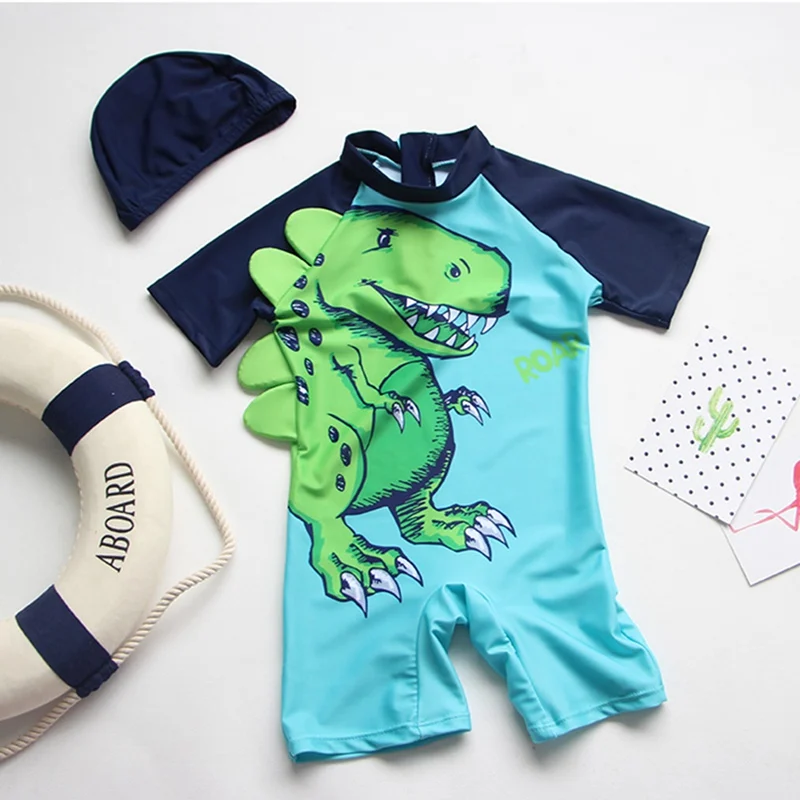 

Boy Rash Guard Swimming Cap Set One Piece Swimwear Children Kid Baby Dinosaur Pattern Short Sleeve Quick Drying Swimsuit