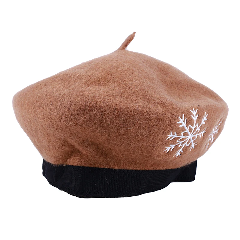 Шерстяной берет, зимние шапки для женщин, Красный берет с вышивкой в виде снежинок, Женский рождественский подарок, английский винтажный берет - Цвет: light tan