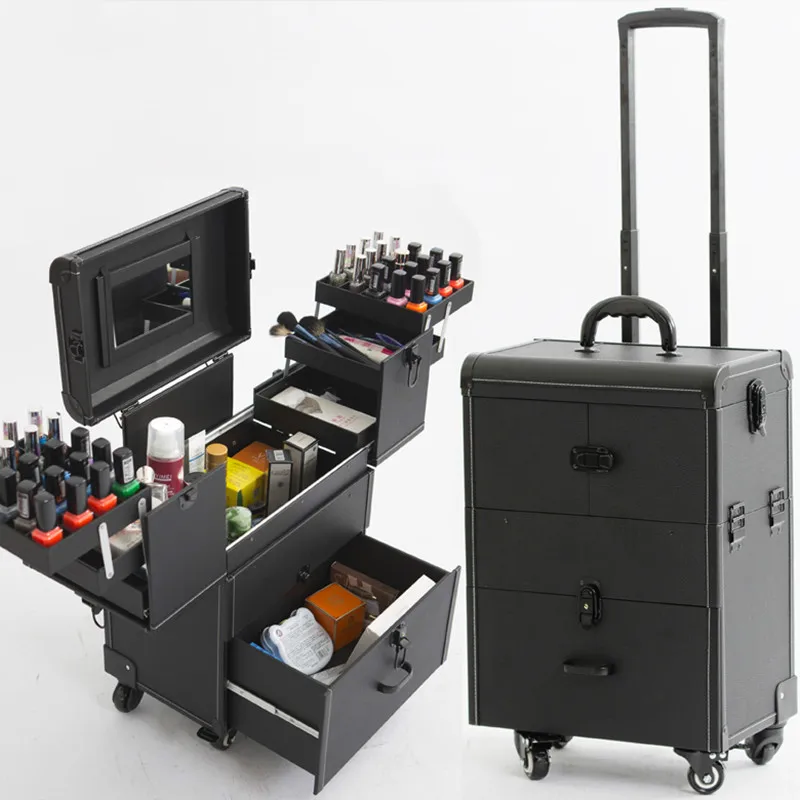 

Cosmetic Bags with Wheel,Nails Makeup Toolbox,Multi-layer Trolley Case with Rolling,PVC Beauty Box Travel Luggage Suitcase bag