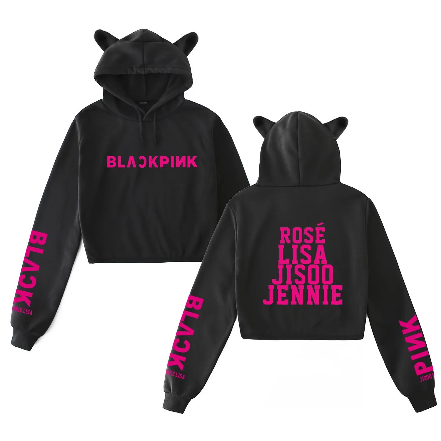 

2019 Women Hoodie Blackpink Kpop Print Navel Exposed Funny Cat Ear Cropped Short Sweatshirt Hooded Merchandise Lisa Rose Jisoo