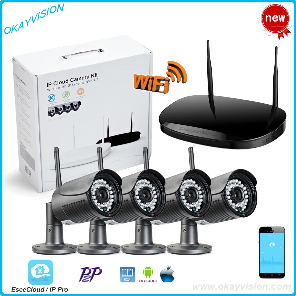 4ch P2P 1.0mp Беспроводной комплект видеонаблюдения 720 P ONVIF VGA HDMI выход NVR WI-FI IP Камера