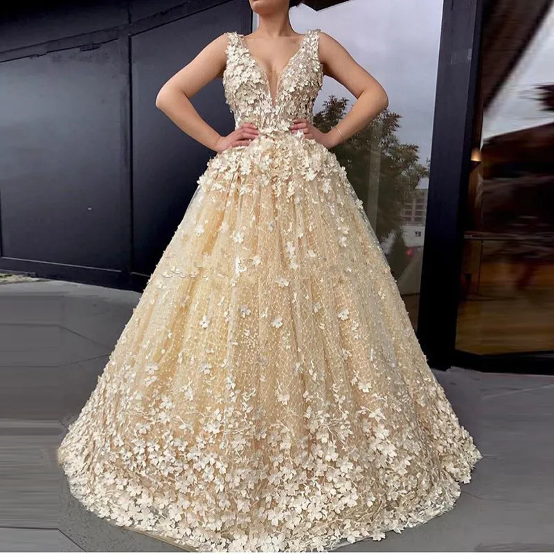 

Champagne Vestido De Noiva 2019 Muslim Wedding Dresses Ball Gown V-neck Lace Pearls Boho Dubai Arabic Wedding Gown Bridal Dress