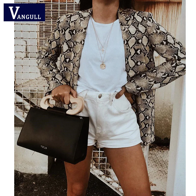Vangull المرأة الأساسية سترة انكلترا نمط الأفعى طباعة جاكيتات 2019 جيوب حقق طوق كم طويل معطف الإناث قميص معطف