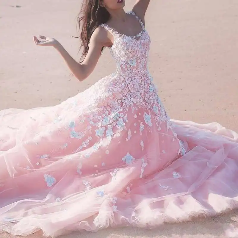Принцесса цветочный цветок розовый Бальные платья без рукавов Кружева Аппликация Тюль длинное платье выпускного вечера es формальное платье выпускного вечера
