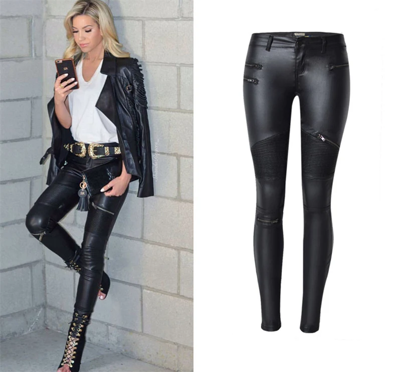 ladies cropped trousers LOGAMI Faux Leather Pants Women Elastic Zipper Leather Pants Trousers 2018 Leren Broeken corduroy pants