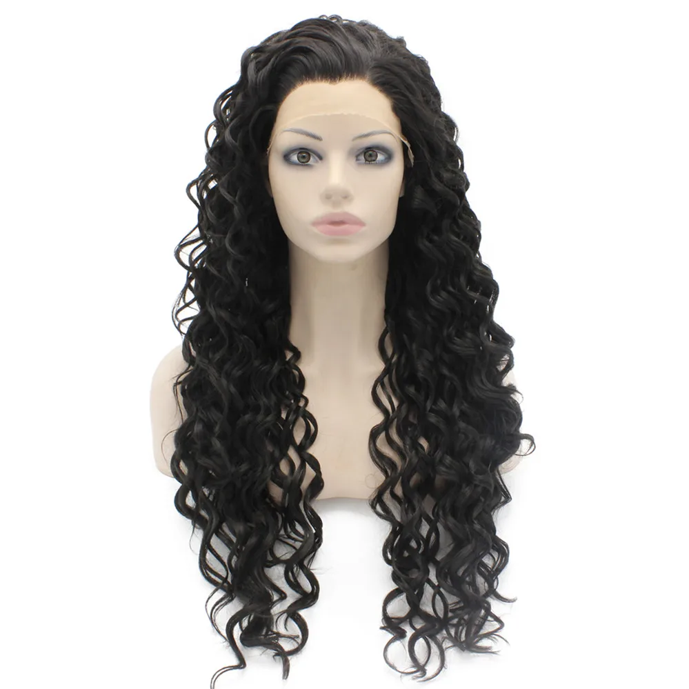 

26" Long Curly #1 Black Lace Front Synthetic Wig Free Parting Heavy Density Quality Fashion Lady Synthetic Wig S18