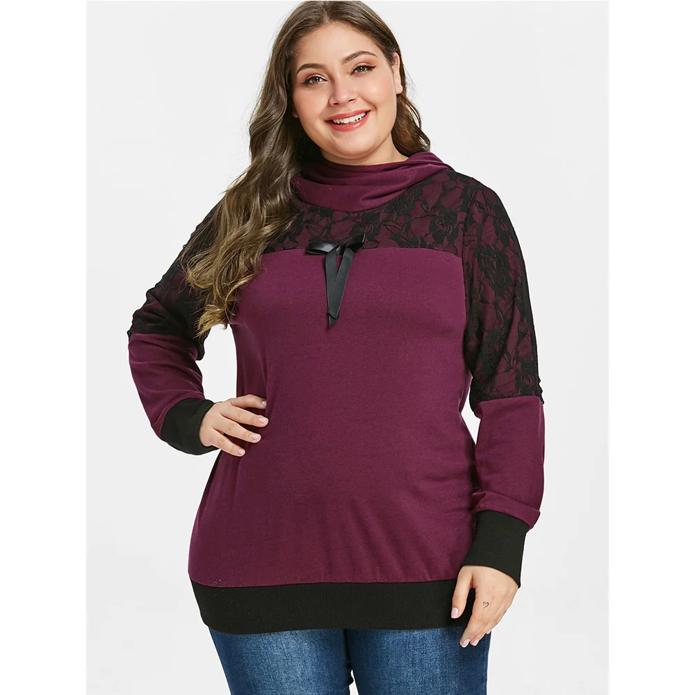 

Sovalro Plus Size Flower Lace Two Tone Hoodie Women Color Block Sweatshirts Long Sleeve Casual Autumn Hoodies Hooded Pullover