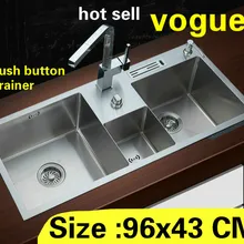 Квартира большой vogue кухня ручная раковина двойной паз Кнопка drainer 304 нержавеющая сталь Горячая 96x43 см