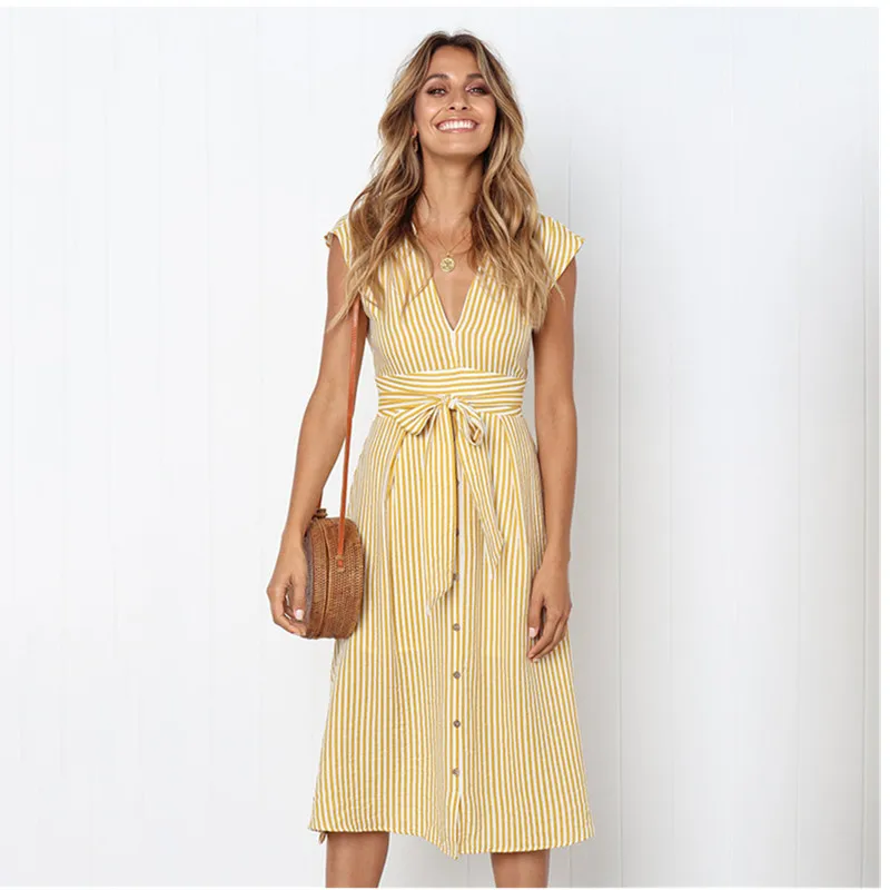 

Oufisun Women's Beach Summer Dress Sxey Sleeveless V-neck Botton Striped Long Dresss Casual Sashes Female Dresses vintage New