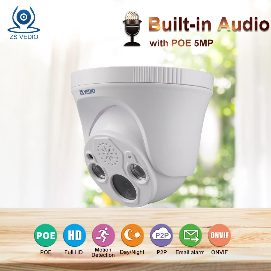 

ZSVEDIO H.265 Built-in POE 5MP IP Camera Two-way audio SD Card Slot CCTV Camera Onvif2.4 Motion detection