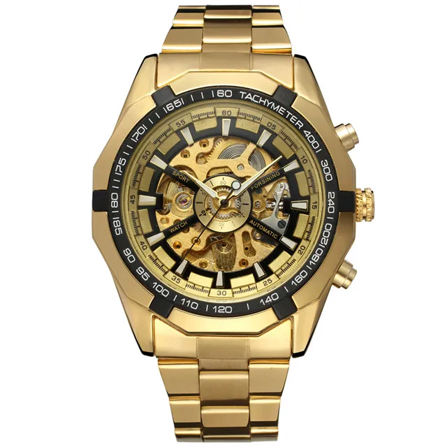 Спортивные гоночные серии Мужские часы-скелетоны из нержавеющей стали с черным золотым циферблатом Forsining Мужские автоматические наручные часы для мужчин - Цвет: Gold Black