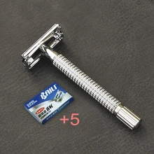 Weishi Двусторонняя Безопасная бритва с длинной ручкой, с открытым бабочкой, классическое безопасное лезвие ручное бритвенное бритье, 1 ручка и 5 лезвий