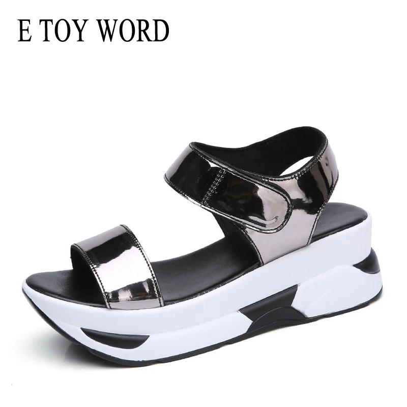 

E TOY WORD platform sandals Summer Women shoes Wedge with Hook & Loop black silver sandals Roman Leisure high heel sandals