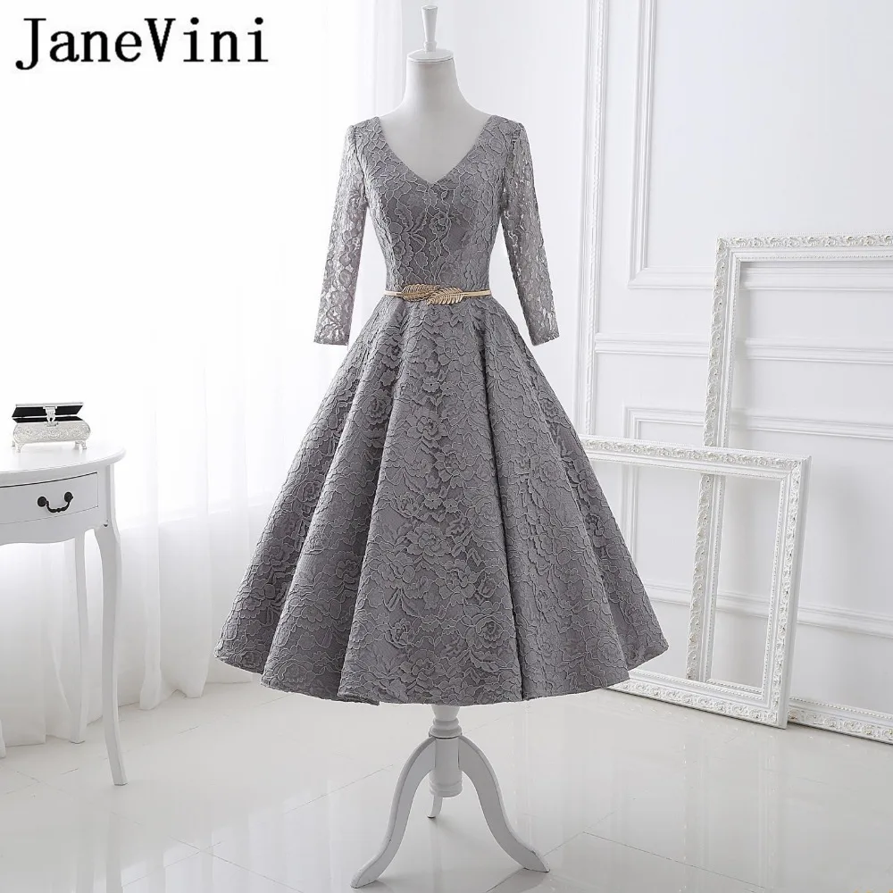

JaneVini Vestidos Vintage Evening Dresses With Sashes V Neck Long Sleeves Tea-Length Lace Mother of the Bride Dresses Plus Size