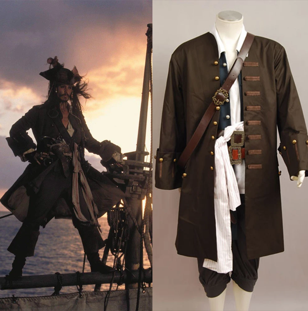 

Pirates Of The Caribbean Cosplay Costume Captain Jack Sparrow Cosplay Jacket Vest Belt Shirt Pants Costume Full Sets Adult Men