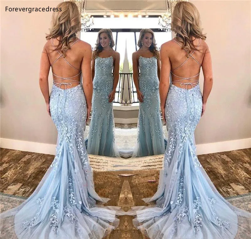 Stunning Sky Blue Mermaid Evening Prom Dresses 2019 Sexy Backless Spaghetti Straps Long Party Vestidos BC0694 139 (2)