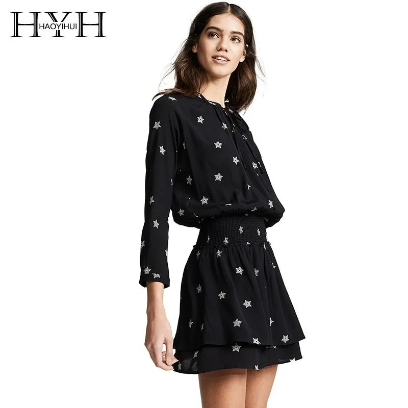 

HYH Haoyihui Femme Summer Stylish Simple Sweet Girls Slim Bow Tie Pleated Waist Buttons Star Pattern V-Neck Lovely Mini Dress