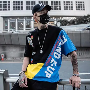 

Fashion hip hop port short-sleeved T-shirt male loose large size casual couple stitching contrast color half-sleeved shirt