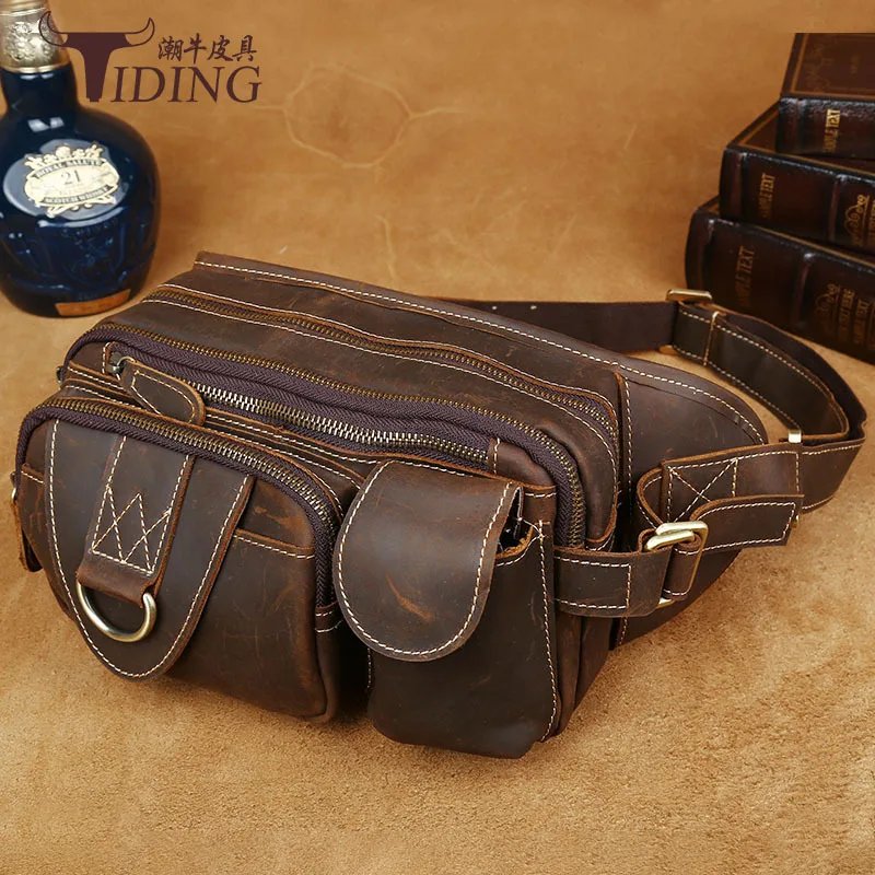 

Genuine Leather TIDING Luxury Crazy Horse Leather Vintage Men Waist Packs Retro Cowhide Leather Crossbody Bag 2016 New Free Ship
