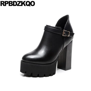 

Sexy Round Toe Fur Waterproof Extreme Fetish Women Black Booties Side Zip Boots Block Shoes Chunky Fashion Platform Ankle