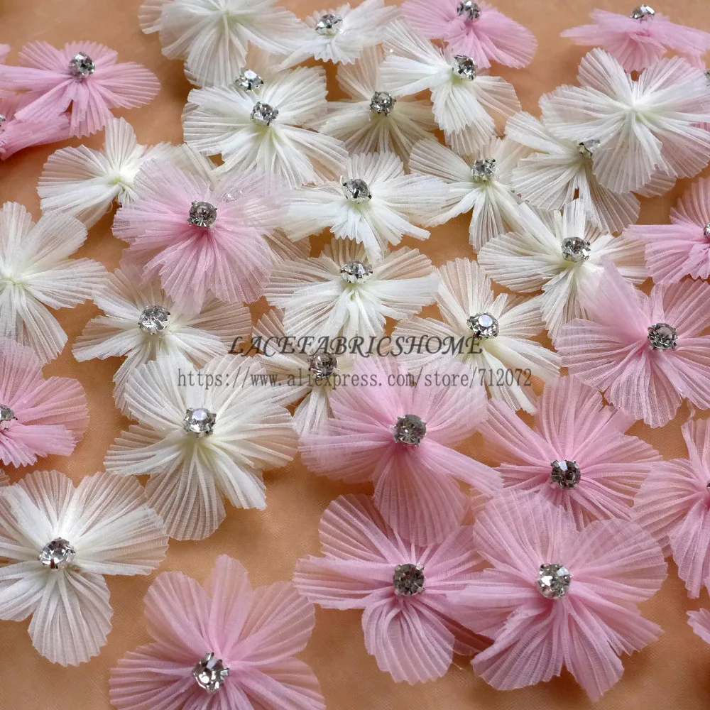 Buy La Belleza Ivory/pink pleat organza 3D flowers 5cm