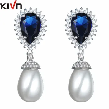 

KIVN Jewelry Blue CZ Cubic Zirconia Women Girls Wedding Bridal Simulated Pearl Earrings Birthday Gifts 10pcs Lot Wholesale