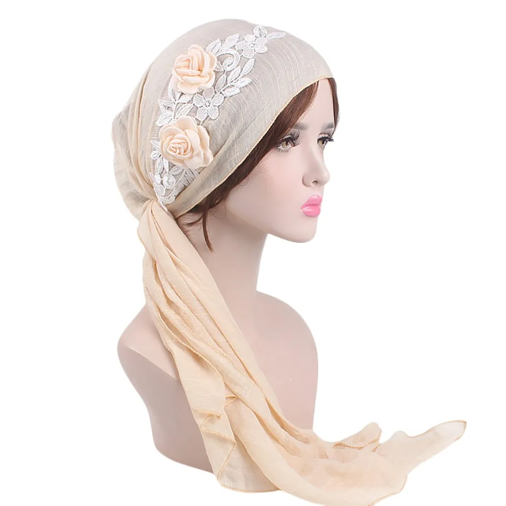 Beige Спальное место# H5 Новая модная женская индийская мусульманская растягивающаяся ретро Цветочная тюрбан из хлопка шапка головной платок накидка шапка Горячая - Цвет: Beige