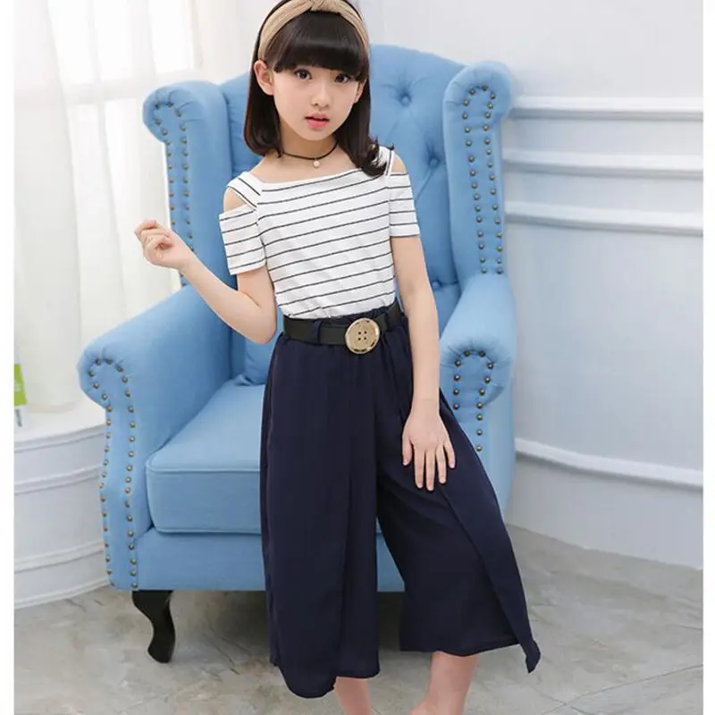 

5-13Y New Summer Girls Clothing Sets Baby Teenage Kids Off Shoulder Striped Short Sleeve T-Shirt+Wide Leg Pant 2Pcs Suit JW2249A