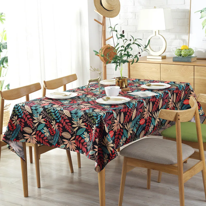 

Tropical Rainforest Plant Table Cloth 100% Cotton Thickened Tablecloths Tea Table Cover Black White Colorful Leaves Tablecloths